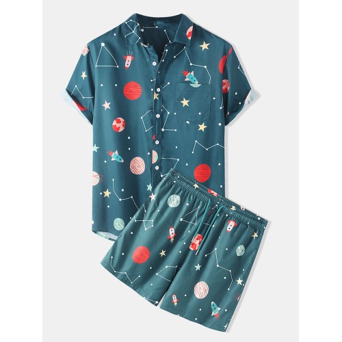 Mens Funny Space Cartoon Print Loose Breathable & Thin Suits