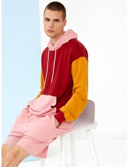 Mens Patchwork Color Block Casual Two Pieces Hoodies Shorts Lounge Sets