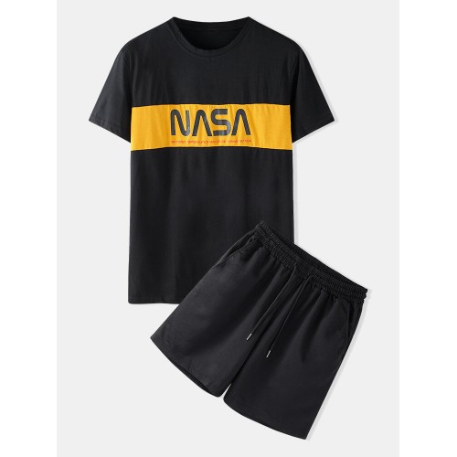 Mens Cotton NASA Pattern Print Loose Light Casual O-Neck Suits