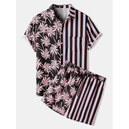 Mens Coconut Tree & Stripes Print Casual Light Drawstring Waist Loungewear