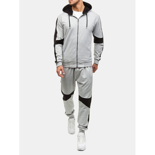 Mens Casual Sport Patchwork Hit Color Running Hooded Fashion Suit