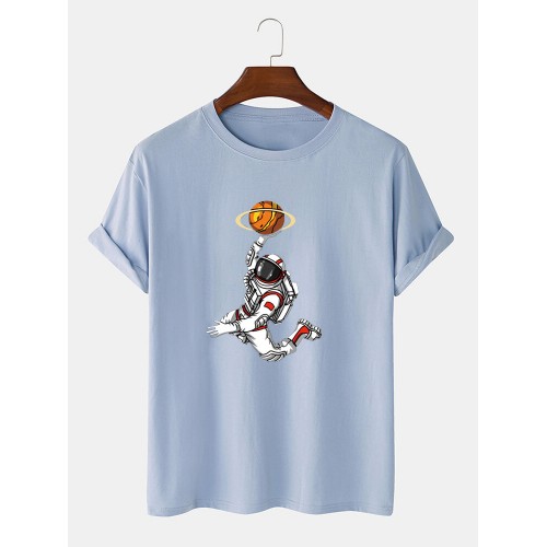 Mens 100% Cotton Cartoon Playing Basketball Astronaut Print Loose Light T-Shirts