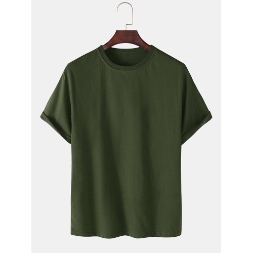 Mens 100% Cotton Solid Color Loose Light Round Neck Casual T-Shirts