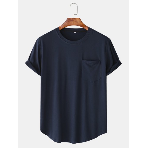 Men Cotton Plain Chest Pocket Home Casual Loose Short Sleeve T-Shirt