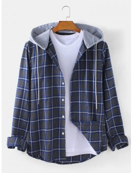 Mens Check Button Up Casual Long Sleeve Drawstring Hooded Shirts