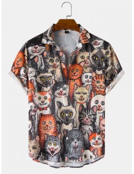 Mens Halloween Allover Funny Cat Print Casual Loose Fit Short Sleeve Shirts