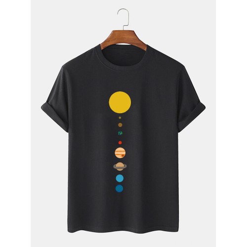 Mens 100% Cotton Cartoon Planet Print Solid Thin Loose O-Neck T-Shirt