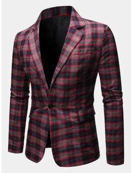 Mens Casual British Style Plaid Lapel Collar Slim Fit One Button Decent Blazer