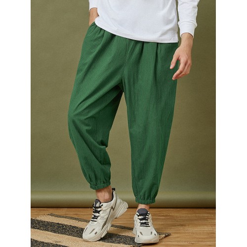 Mens 100% Cotton Pinstripe Print Drawstring Waist Loose Casual Jogger Pants