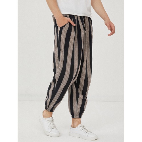 Mens 100% Cotton Striped Loose Drawstring Waist Casual Harem Pants