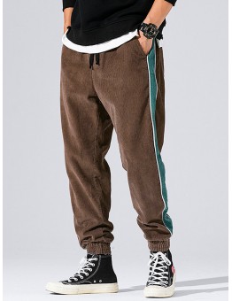 Mens Corduroy Side Stripe Casual Loose Drawstring Beam Feet Pants