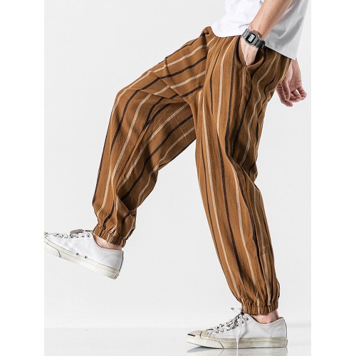 Mens 100% Cotton Striped Print Casual Loose Elastic Mid Waist Jogger Pants