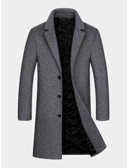 Mens Woolen Pure Color Button Up Business Casual Mid-Length Overcoats