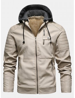 Mens PU Leather Plus Velvet Zip Front Thicken Hooded Jackets With Zipped Welt Pockets