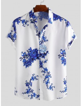 Mens Chinese Style Porcelain Floral Printed Short Sleeve Turn Down Collar Casual Shirt