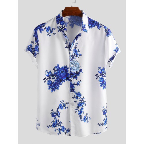 Mens Chinese Style Porcelain Floral Printed Short Sleeve Turn Down Collar Casual Shirt