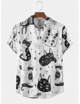 Mens Funny Abstract Cat Pattern Print Short Sleeve Light Shirts