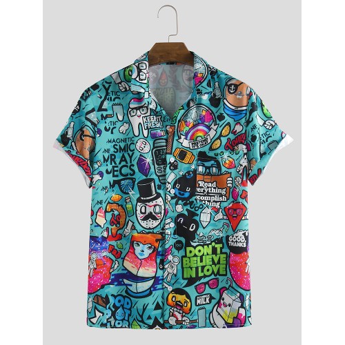 Mens Cartoon Graffiti Printed Turn Down Collar Short Sleeve Shirts