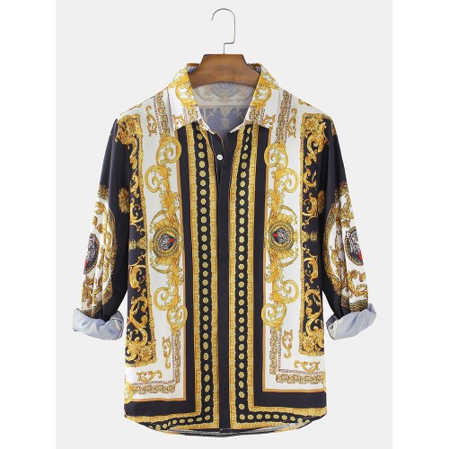 Mens Baroque Print Patch Casual Regular Fit Lapel Long Sleeve Shirts