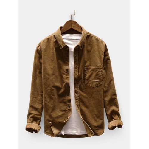 Men Casual Corduroy Loose Long Sleeve Shirt Turndown Collar Jacket Shirts