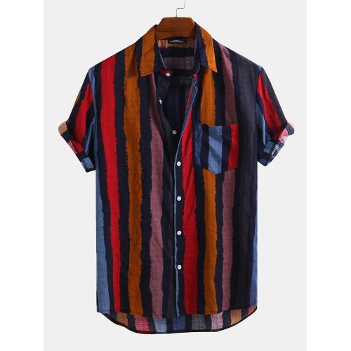 Mens Color Striped Casual Short Sleeve Shirts Wtih Pocket