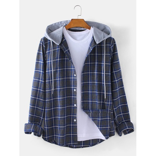 Mens Check Button Up Casual Long Sleeve Drawstring Hooded Shirts