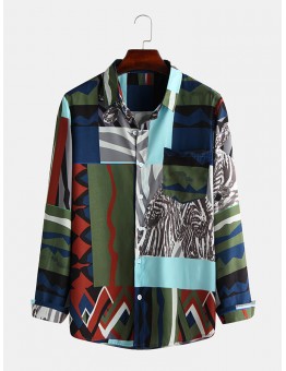 Mens Ethnic Style Color Block Abstract Printing Long Sleeve Loose Casual Designer Shirts