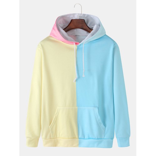 Mens Color Block Patchwork Loose Pouch Pocket Drawstring Hoodies