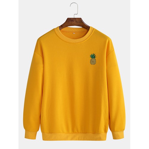 Mens Casual Loose Solid Color Pullover Sweatshirts With Cartoon Pineapple