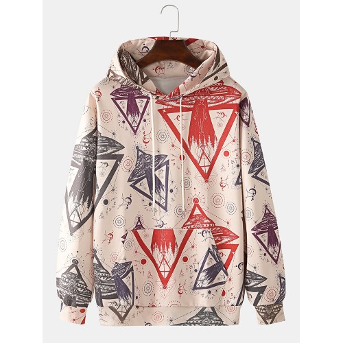 Mens Allover Space Ship Pattern Print Relaxed Fit Hoodies With Kangaroo Pocket