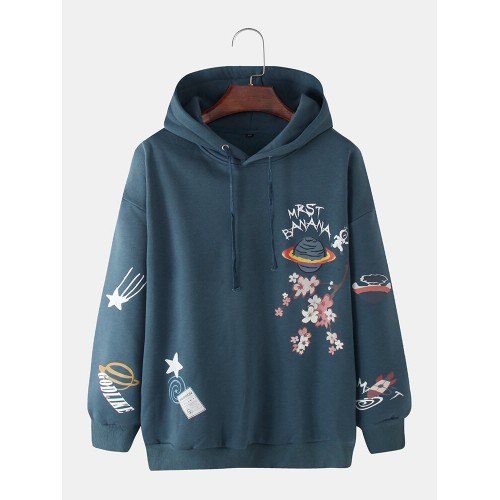 Mens Cartoon Planet Print Cotton Loose Casual Elastic Hem Pullover Hoodies