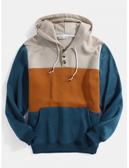 Mens Colorblock Patchwork Casual Pouch Pocket Drawstring Hoodies With Snap-Button