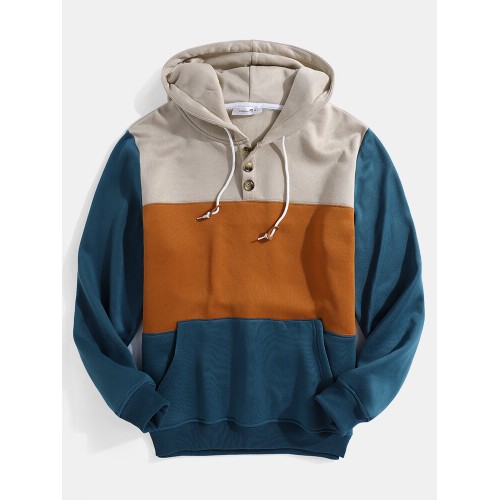 Mens Colorblock Patchwork Casual Pouch Pocket Drawstring Hoodies With Snap-Button