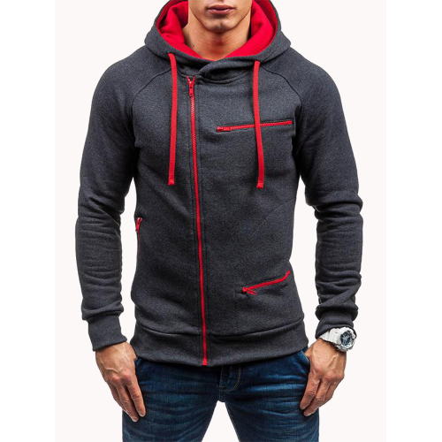 Men's Casual Sport Tilted Zipper Up Safe Zipper Pockets Drawstring Hooded Sweatshirts