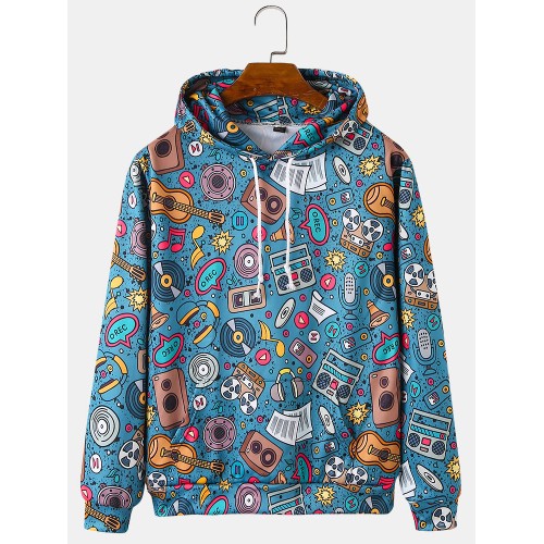 Mens Cartoon Music Pattern Print Relaxed Fit Drawstring Hoodies With Muff Pocket