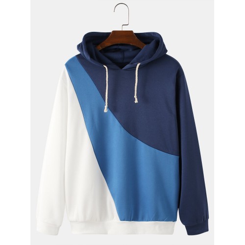 Mens Color Contrast With Irregular Stitching Drawstring Hoodies