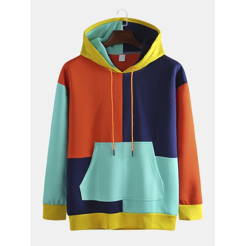 Mens Casual Colorblock Panel Streetwear Kangaroo Pockets Hoodies