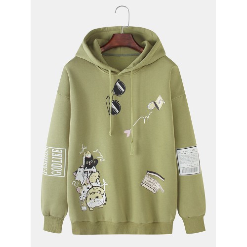 Mens Cartoon Cat Pattern Print Daily Relaxed Fit Drawstring Pullover Hoodies