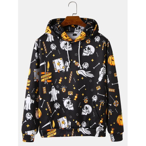 Mens All Over Skull Print Halloween Loose Drawstring Hoodies With Kangaroo Pocket