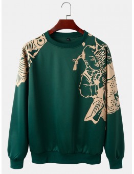 Mens Oriental Paper-Cut Art Print Shoulder Panel Casual Designer Sweatshirts