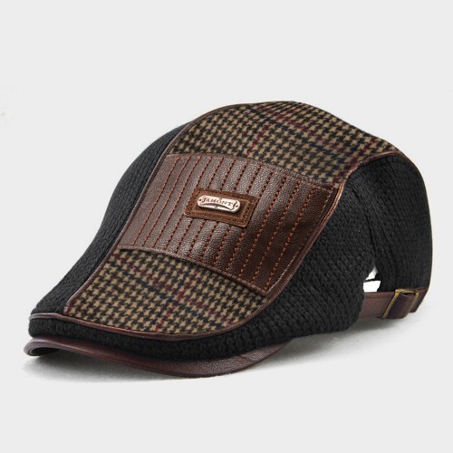 COLLROWN Men Knit Leather Patchwork Color Casual Personality Forward Hat Beret Hat