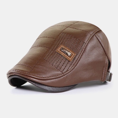 COLLROWN Men PU Leather Solid Color Casual Retro Visor Sun Hat Forward Hat Beret Hat