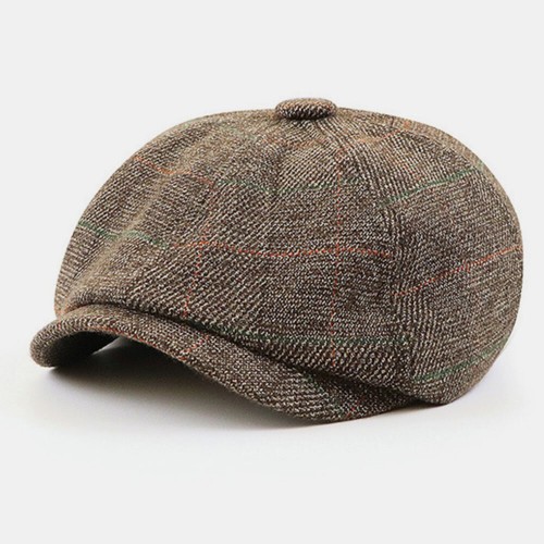 Men British Style Retro Elastic Casual Lattice Pattern Painter Newsboy Hat Beret Hat Octagonal Hat